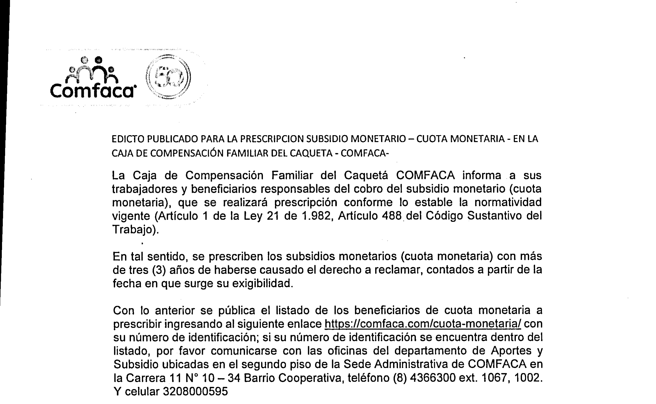 Edicto Prescripción de Cuota Monetaria